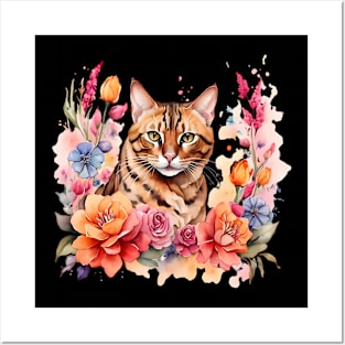 A bengal cat decorated with beautiful watercolor flowers Posters and Art